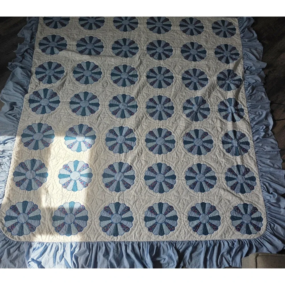 Vintage Handmade Blue Dresden Plate Quilt Ruffled Gingham Patchwork Bedspread